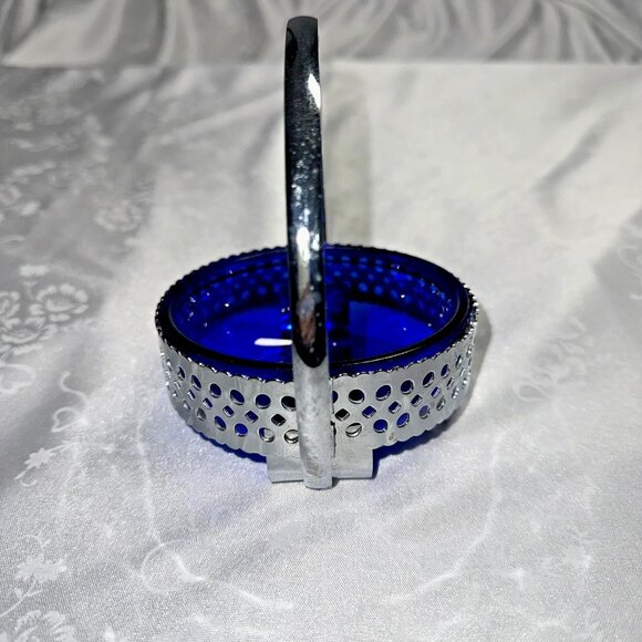 Cobalt Blue Glass Bowl 4 in and Chrome Basket Caddy With Handle Vintage EUC - Picture 2 of 6